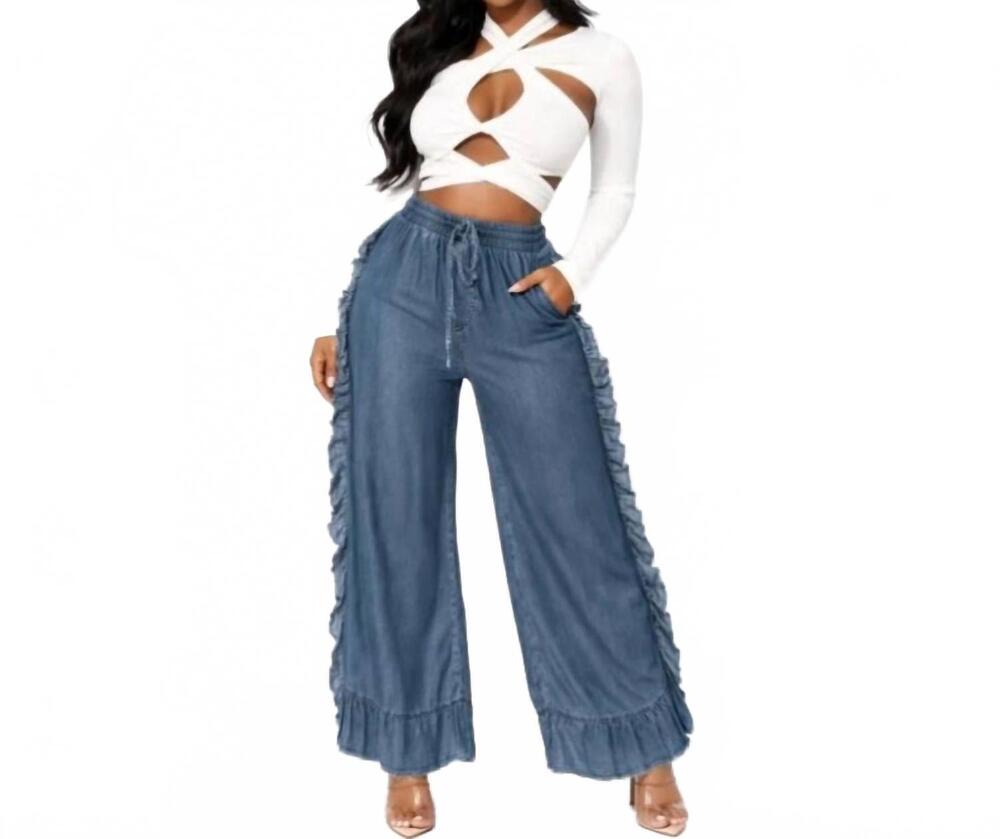 NEW FANCY DREAM USA ruffle me wide leg denim pants in blue